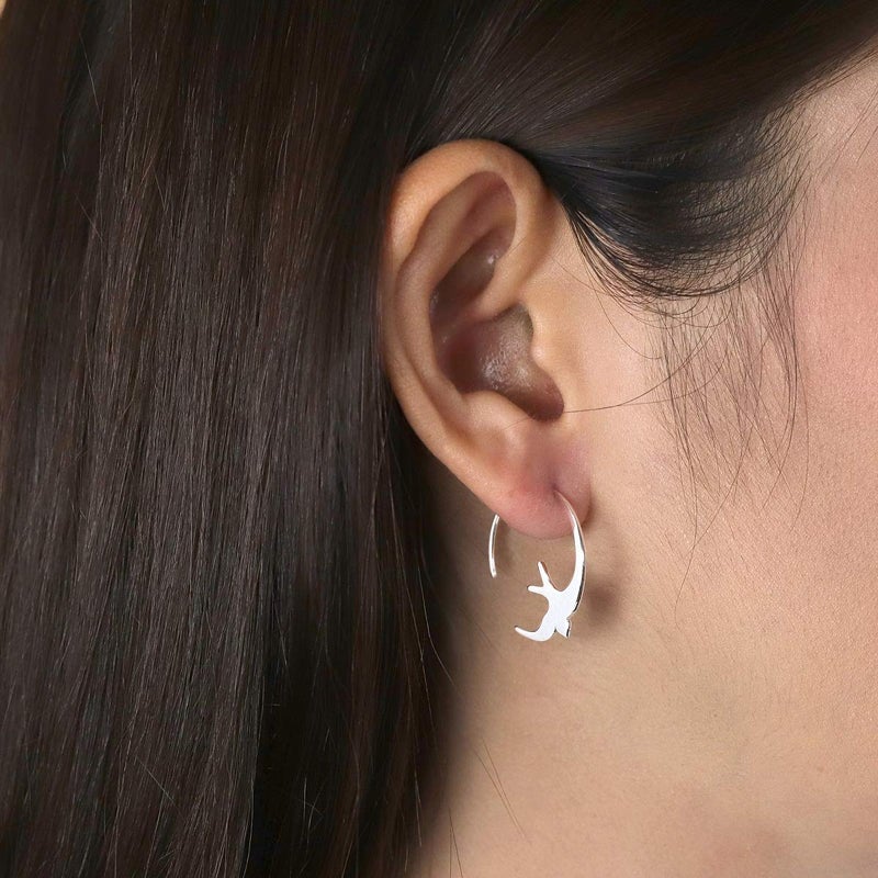 Boma Jewelry Sterling Silver Bird Pull Through Hoop Earrings - Image 2